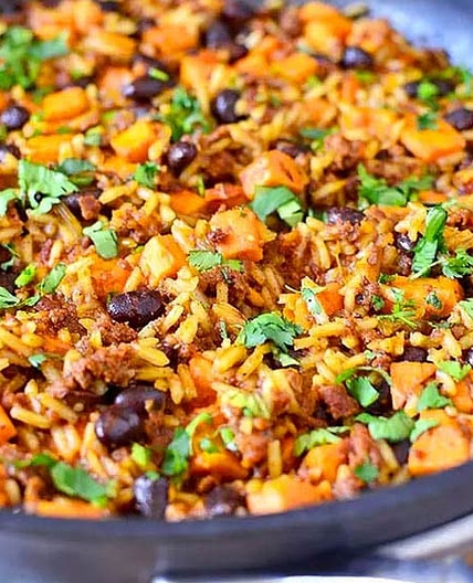 Chorizo, Sweet Potato and Black Bean Rice Skillet