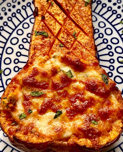 Roasted Harissa Butternut with Cheesy Chickpea Stuffing