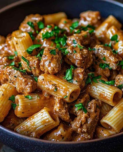 Creamy Parmesan Beef with Rigatoni Pasta