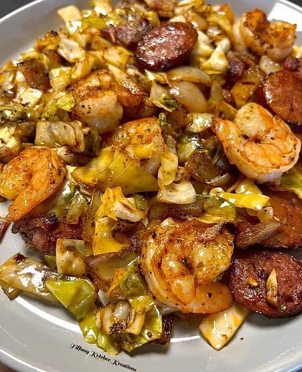 FRIED CABBAGE WITH SHRIMP, SAUSAGE & BACON