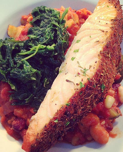 Herby salmon with bean ratatouille