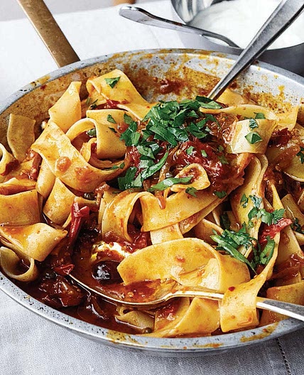 Pappardelle with Rose Harissa, Black Olives, and Capers