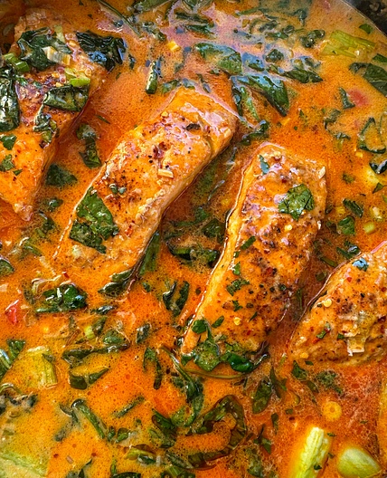 Salmon in Red Curry Coconut Sauce 