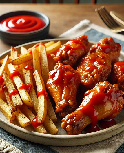 Spicy air fryer chicken wings and fries
