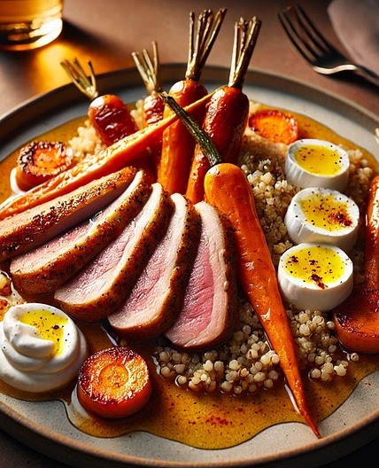 Magret de canard, burrata et quinoa à l'orange