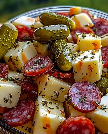 Easy Marinated Cheese Appetizer with Salami & Pickles