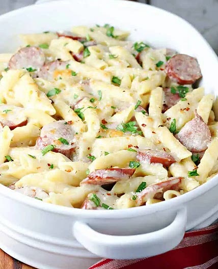 Spicy Smoked Sausage Alfredo Bake