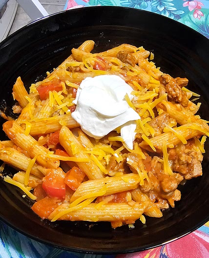 Mexican-style penne with beef and cheddar