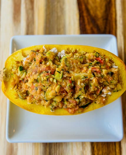 Loaded Turkey Spaghetti Squash with Roasted Veggie Sauce