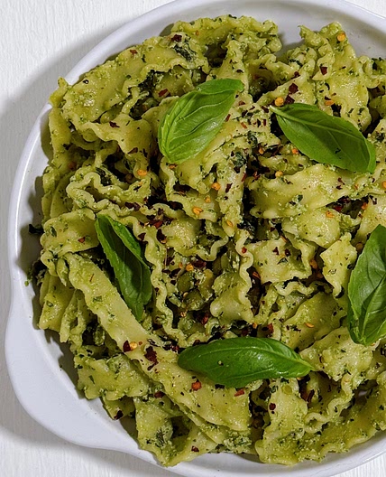 Mafaldine in Basil, Pumpkin Seed and Ricotta Pesto