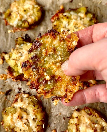 Smashed Parmesan Brussel sprouts with creamy balsamic dressing 