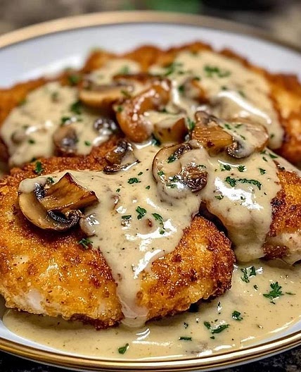 🍄 Golden Crispy Chicken with Parmesan Mushroom Sauce 🍗