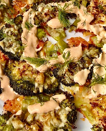 Smashed Parmesan Broccoli with Spicy Harissa Yogurt Dip 
