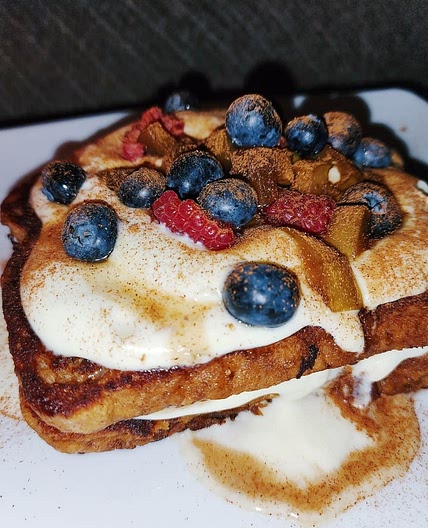 French Toast with Cream, Berries and Caramelised Apple.