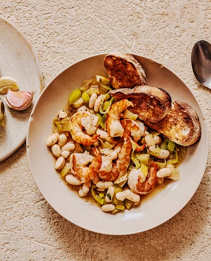 Prawn, leek and bean stew