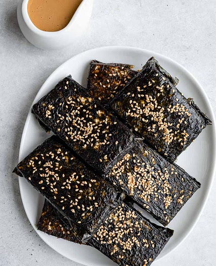 Crispy Seaweed Tofu Bites with Creamy Asian Tahini Dressing