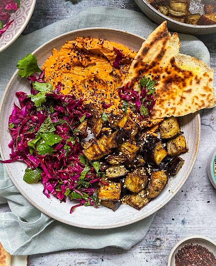 Roast Aubergine & Red Pepper Hummus Bowl - Adre's Kitchen