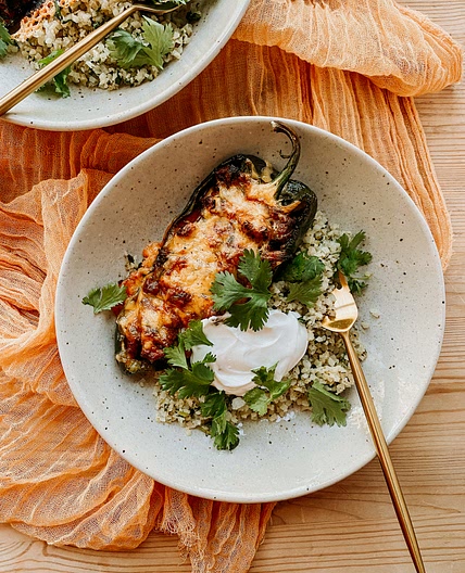 Stuffed Poblano Peppers with Cilantro Lime Cauliflower Rice