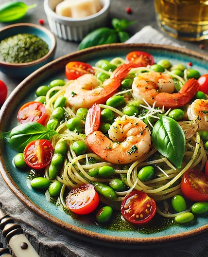 Spaghettis crevettes pesto