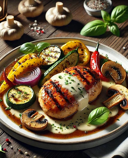 Hähnchenbrust mit Balsamico-Glasur und Ofengemüse mit Parmesansauce