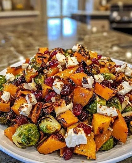 Cranberry-Glazed Roasted Butternut Squash, Brussels Sprouts, and Sweet Potatoes
