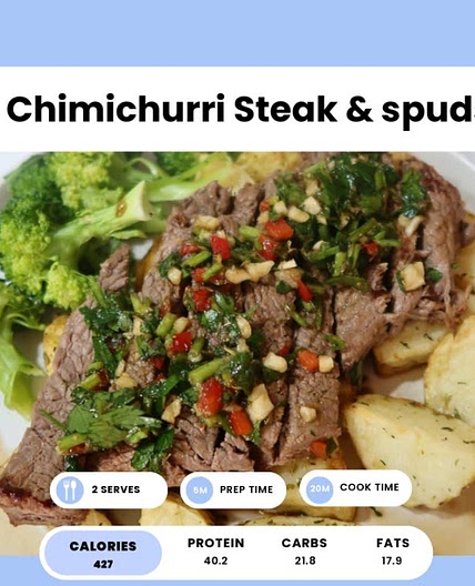 Chimichurri steak and spuds 446 cal * steak 39g protein