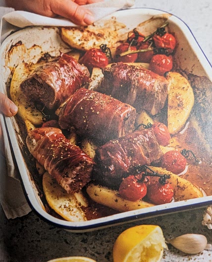 Prosciutto-wrapped Pork with Greek Lemon Potatoes