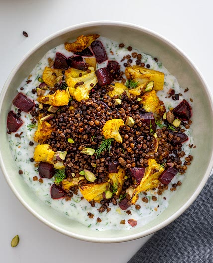 Roasted Cauliflower Bowl with Tzatziki & Crispy Lentils