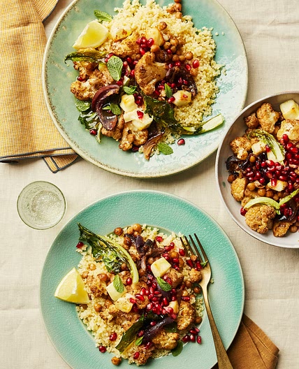 Spiced roasted cauliflower with chickpeas, halloumi and lemony bulgur