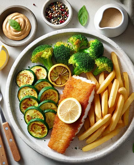 Air Fried Fish and Chips with Roasted Vegs