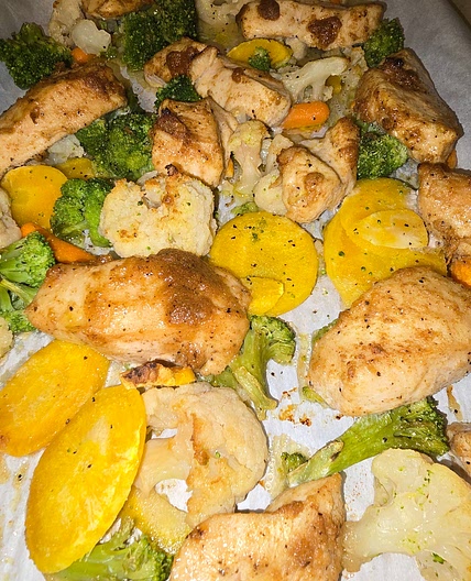 Garlic-Ginger Chicken with Brown Rice and Roasted Vegetables