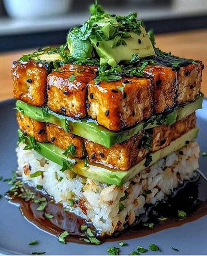 Crispy Teriyaki Tofu and Avocado Rice Stack