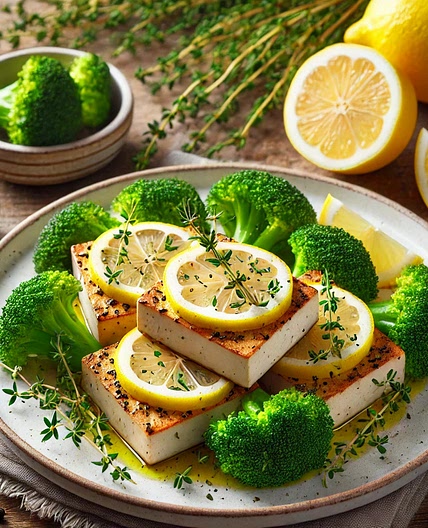Lemon Herb Tofu Steaks with Steamed Broccoli