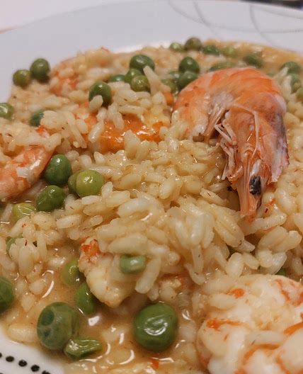 Risotto - Shrimp, Peas, and Lemon Garnish