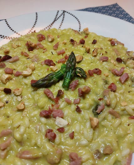 Risotto - Asparagus cream, Italian sausage, and hazelnuts