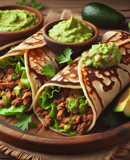 Tortitas de trigo con carne picada, guacamole y lechuga