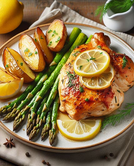 Pechuga de pollo al limón con espárragos y patata al horno