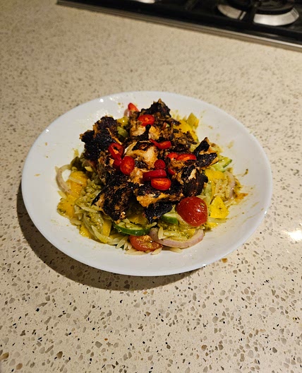 Mango Pesto Risoni Salad with Satay Chicken
