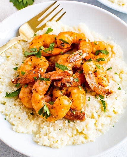 Cauliflower grits with blackened shrimp