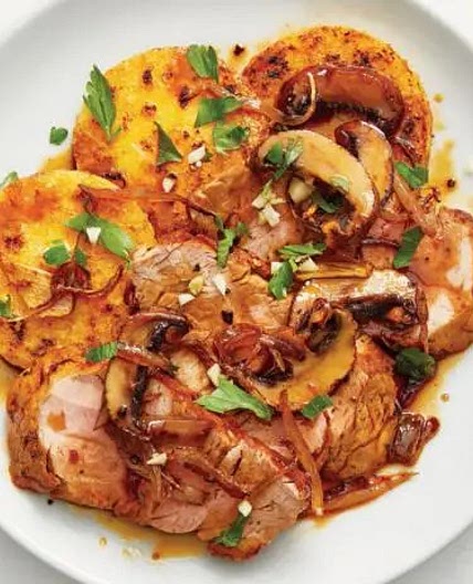 Pork marsala with polenta