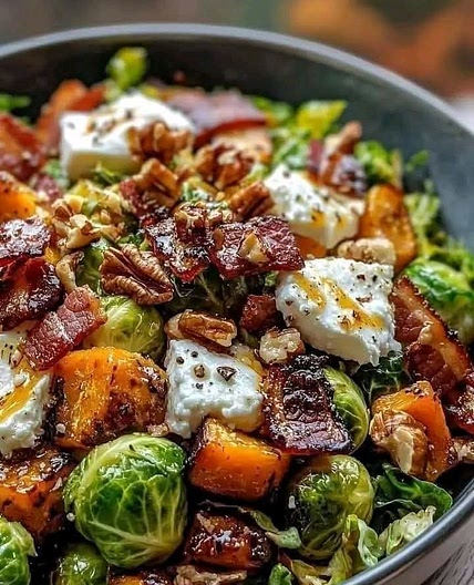 Maple-Glazed Brussels Sprouts and Butternut Squash Salad with Bacon, Walnuts, and Feta