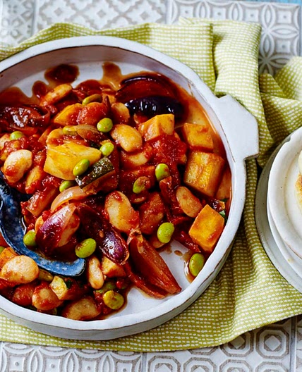 Mediterranean bean stew with potato griddle cakes