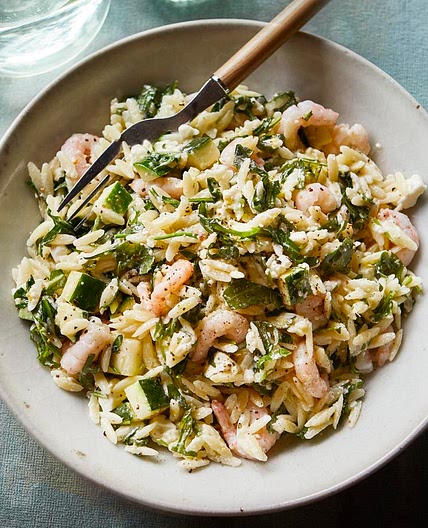 Orzo with prawns, lemon and feta