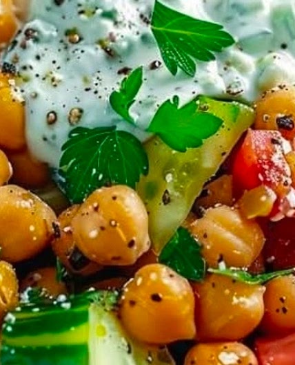 Chickpea Greek Salad topped with homemade Tzatziki