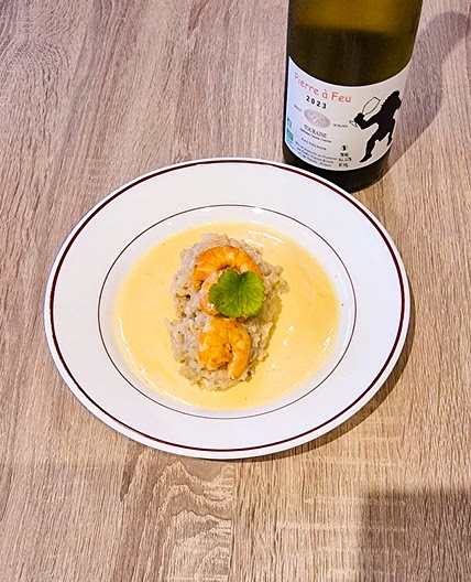 Risotto crevettes, émulsion lait de coco citron vert