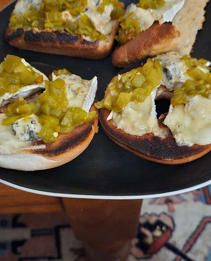 Warm brie and gorgozola green chile