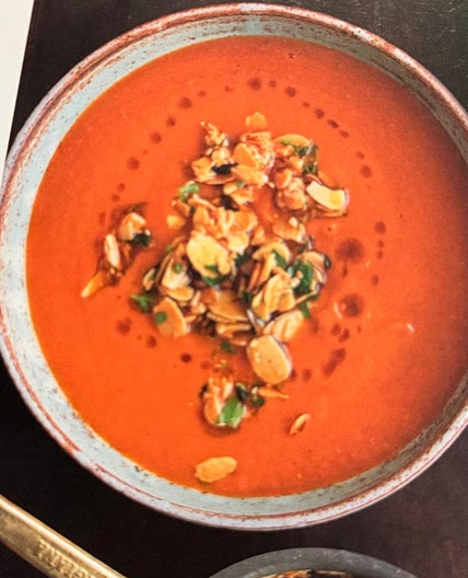 Roasted eggplant, red bell pepper, and tomato soup