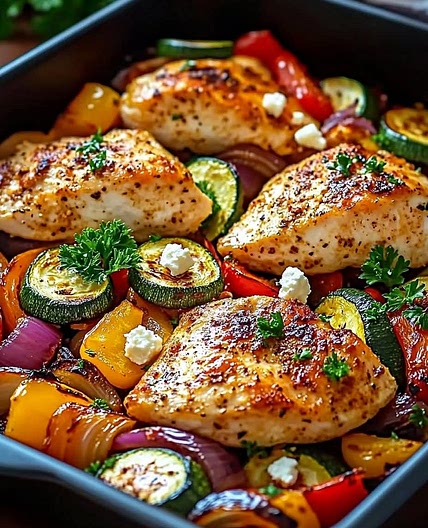 Hähnchen mit Paprika, Zucchini, Zwiebeln und Feta im Ofen