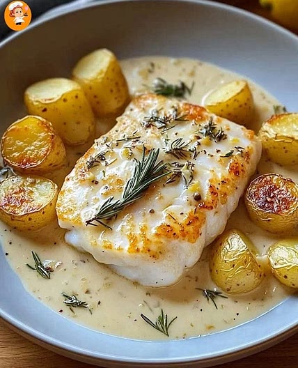 Zart gebackener Kabeljau mit Yukon-Kartoffeln in einer cremigen Rosmarin-Zitronen-Sauce