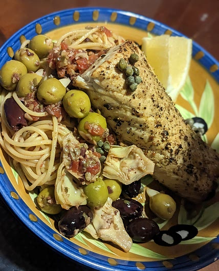 Lemon Pepper Yellowtail with Olive & Caper Cavatappi